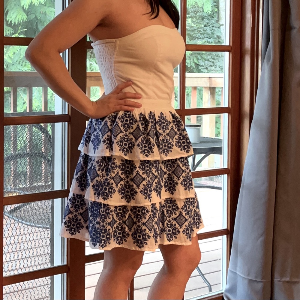 White and Blue Embroidered Strapless Dress